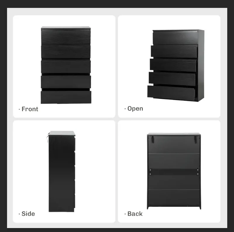 5 Drawer Dresser, Modern Chest for Bedroom, Black