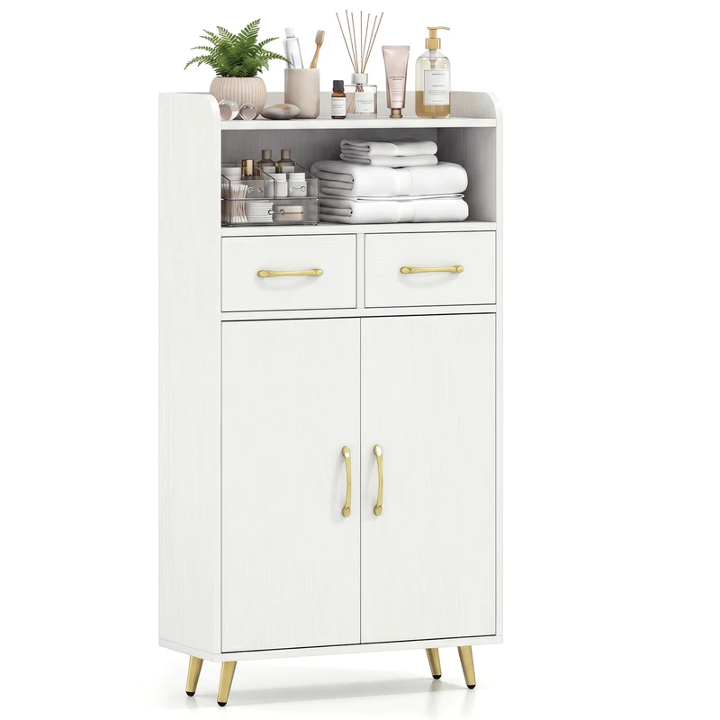 Bathroom Storage Cabinet Freestanding Floor Cabinet with 2 Drawers and 2 Doors, White