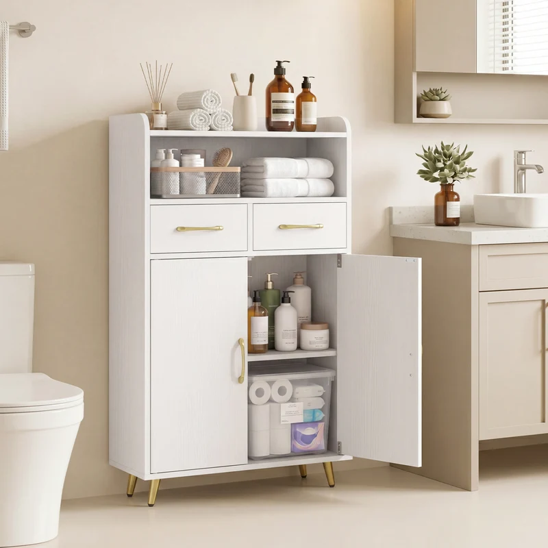 Bathroom Storage Cabinet Freestanding Floor Cabinet with 2 Drawers and 2 Doors, White
