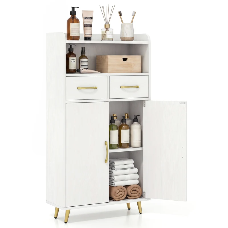 Bathroom Storage Cabinet Freestanding Floor Cabinet with 2 Drawers and 2 Doors, White