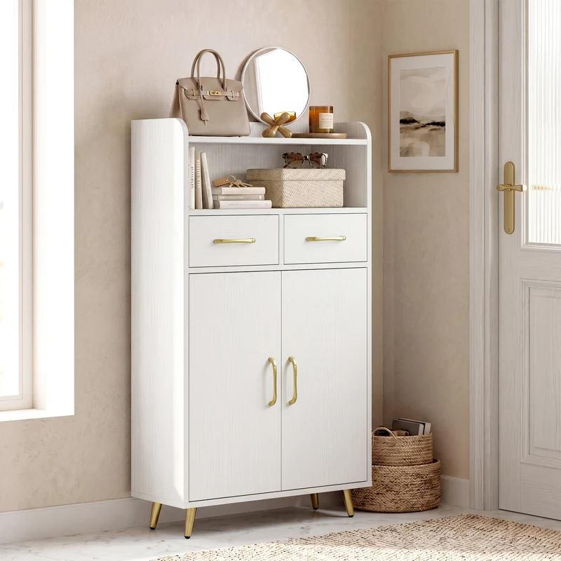 Bathroom Storage Cabinet Freestanding Floor Cabinet with 2 Drawers and 2 Doors, White