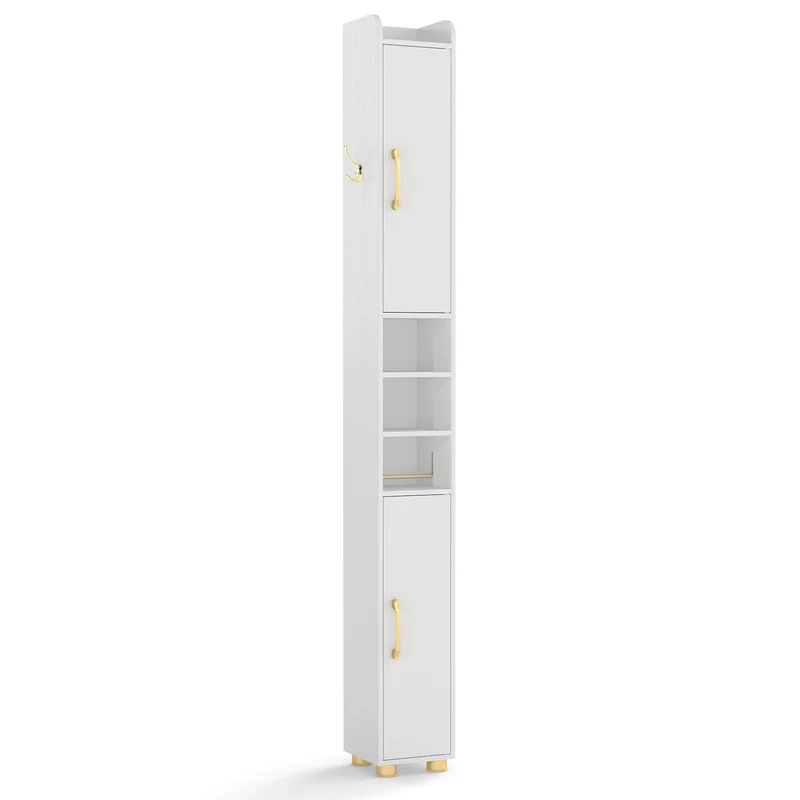 Narrow Bathroom Storage Cabinet with Open Shelves and Toilet Paper Holder, White