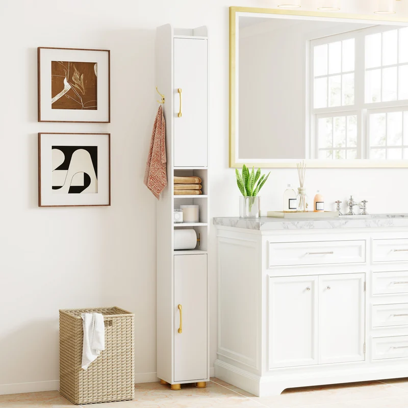 Narrow Bathroom Storage Cabinet with Open Shelves and Toilet Paper Holder, White