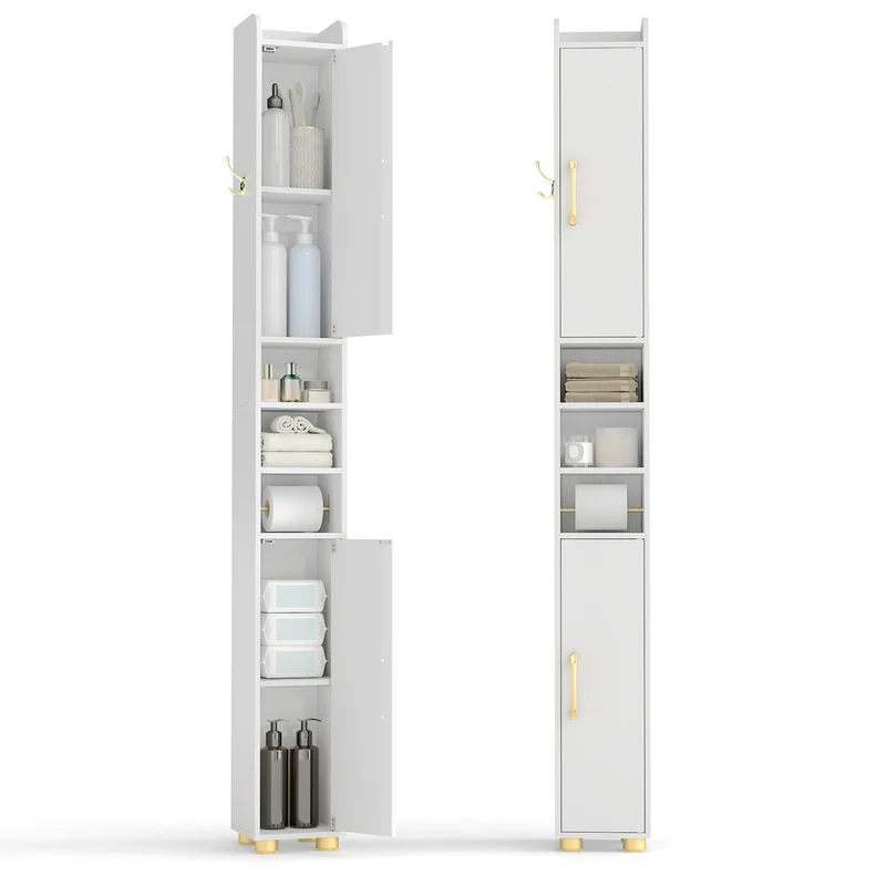Narrow Bathroom Storage Cabinet with Open Shelves and Toilet Paper Holder, White