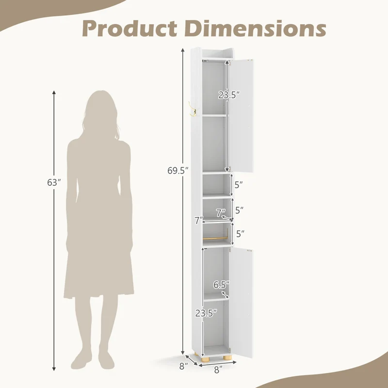 Narrow Bathroom Storage Cabinet with Open Shelves and Toilet Paper Holder, White