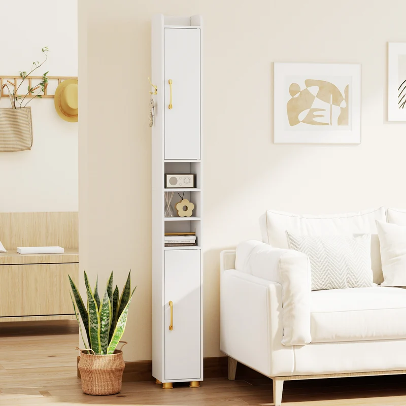 Narrow Bathroom Storage Cabinet with Open Shelves and Toilet Paper Holder, White
