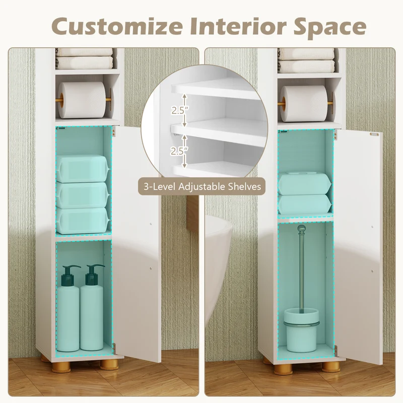 Narrow Bathroom Storage Cabinet with Open Shelves and Toilet Paper Holder, White