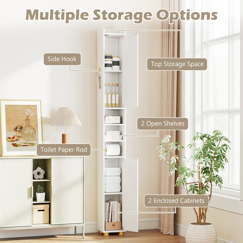 Narrow Bathroom Storage Cabinet with Open Shelves and Toilet Paper Holder, White