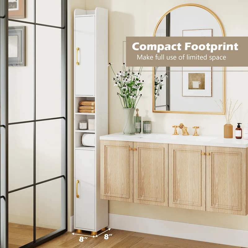 Narrow Bathroom Storage Cabinet with Open Shelves and Toilet Paper Holder, White