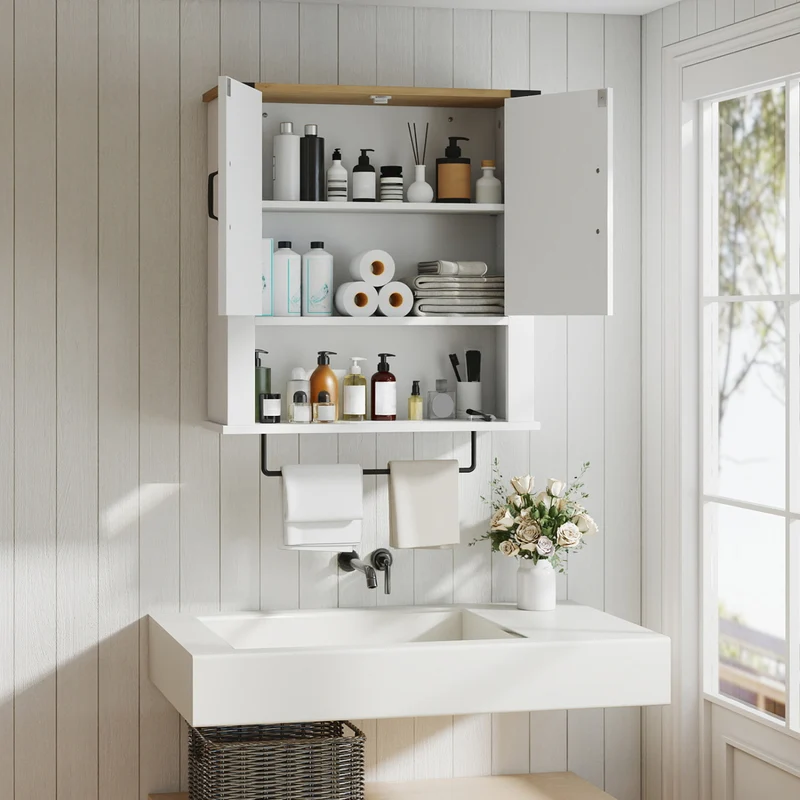 Bathroom Wall Cabinet with Towel Bar Farmhouse Medicine Cabinet, White