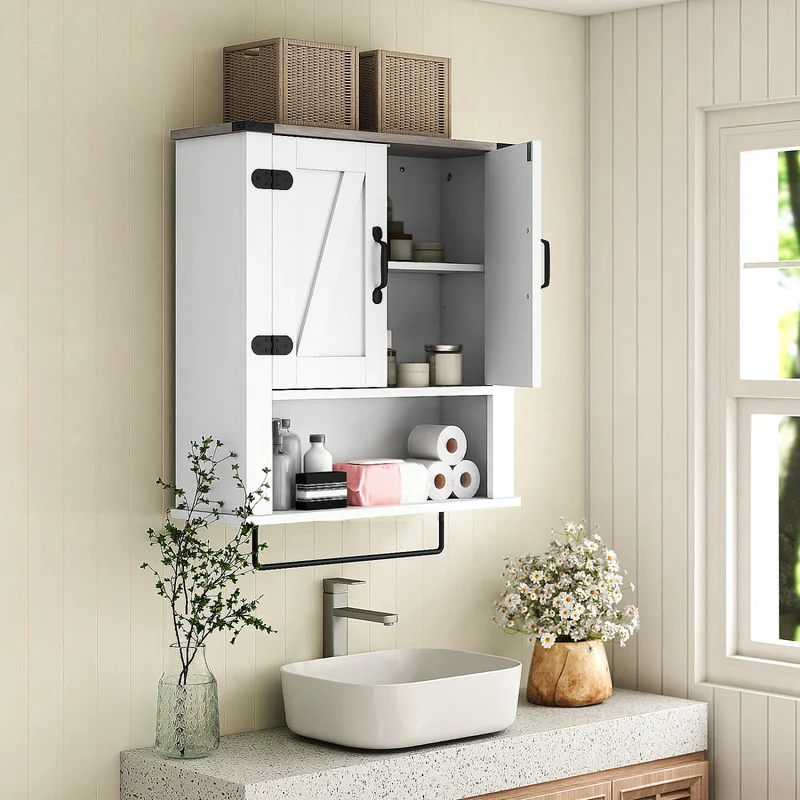 Bathroom Wall Cabinet with Towel Bar Farmhouse Medicine Cabinet, White
