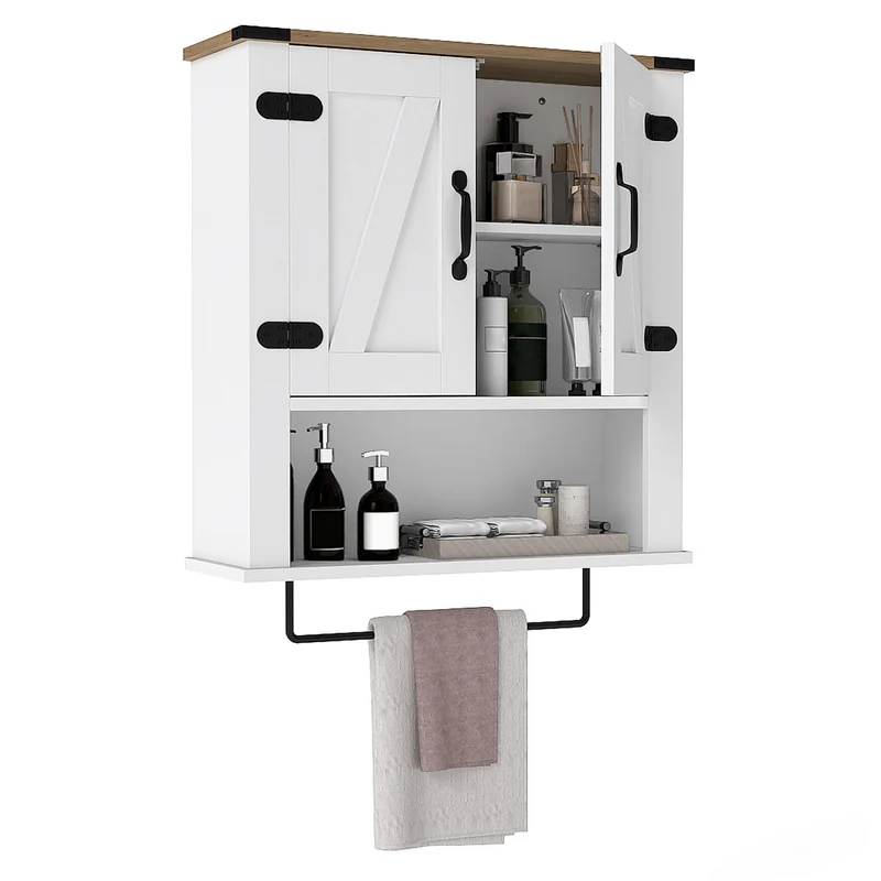 Bathroom Wall Cabinet with Towel Bar Farmhouse Medicine Cabinet, White