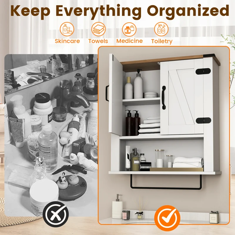 Bathroom Wall Cabinet with Towel Bar Farmhouse Medicine Cabinet, White