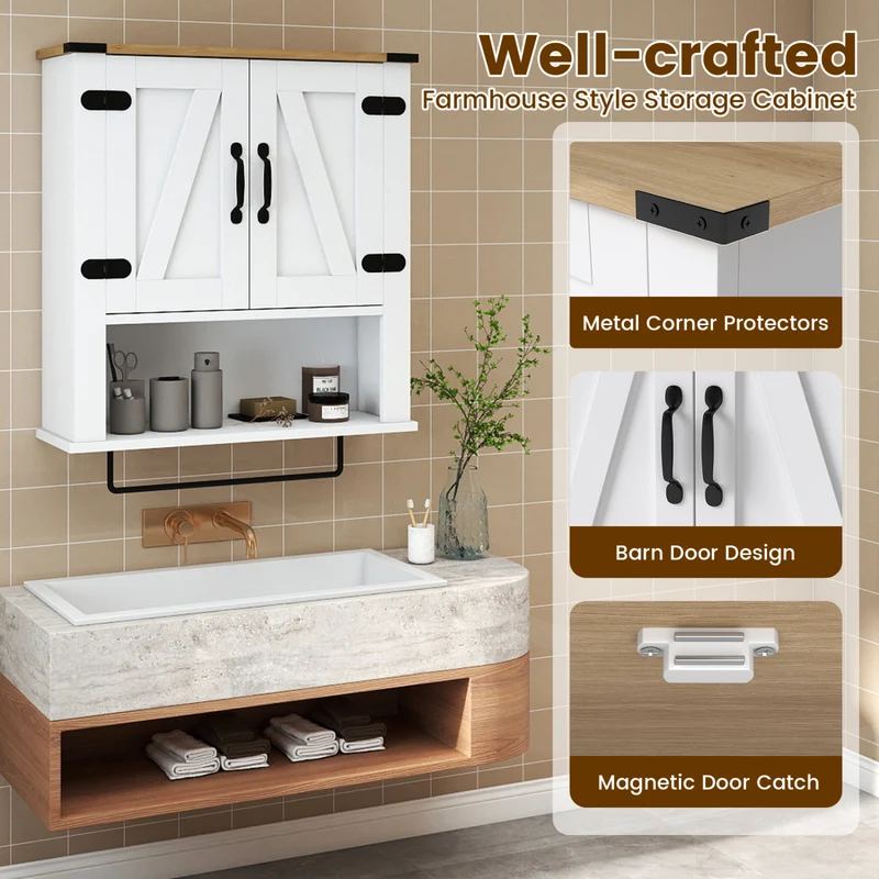 Bathroom Wall Cabinet with Towel Bar Farmhouse Medicine Cabinet, White