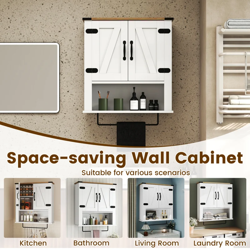 Bathroom Wall Cabinet with Towel Bar Farmhouse Medicine Cabinet, White