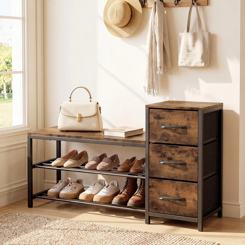 3-Tier Industrial Shoe Bench with 3 Removable Fabric Drawers and Anti-toppling Kits, Rustic Brown