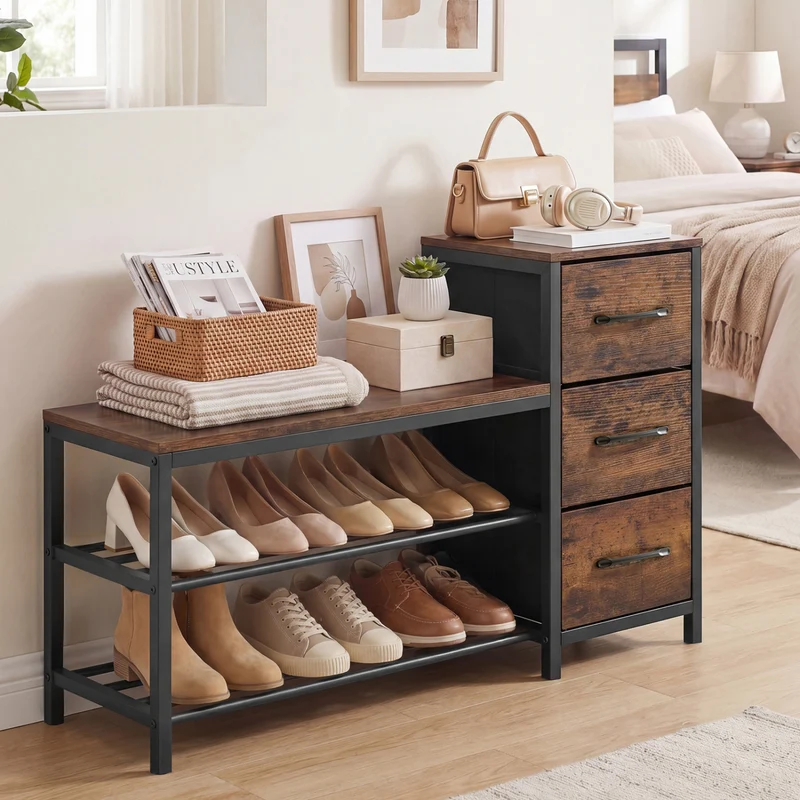 3-Tier Industrial Shoe Bench with 3 Removable Fabric Drawers and Anti-toppling Kits, Rustic Brown