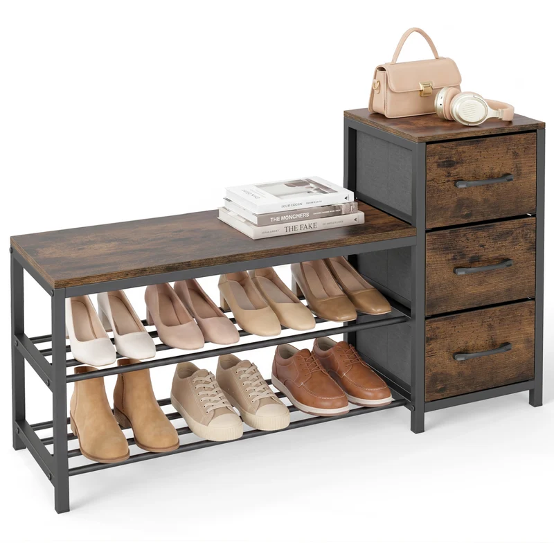 3-Tier Industrial Shoe Bench with 3 Removable Fabric Drawers and Anti-toppling Kits, Rustic Brown