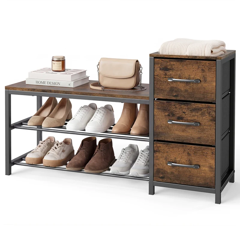 3-Tier Industrial Shoe Bench with 3 Removable Fabric Drawers and Anti-toppling Kits, Rustic Brown