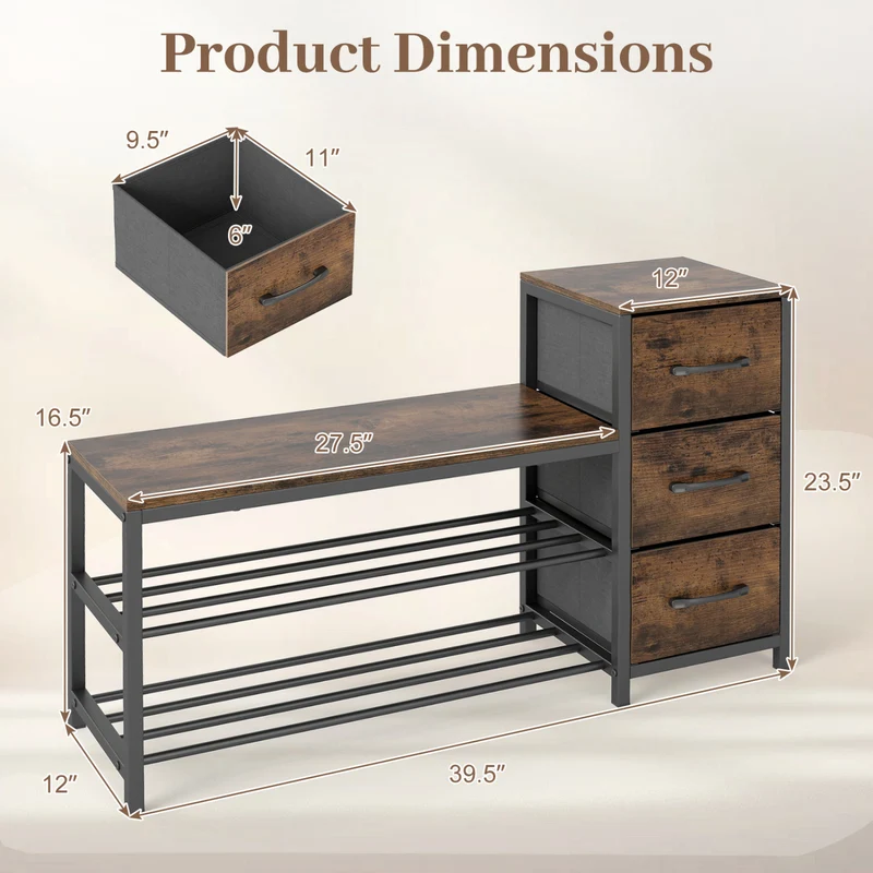 3-Tier Industrial Shoe Bench with 3 Removable Fabric Drawers and Anti-toppling Kits, Rustic Brown