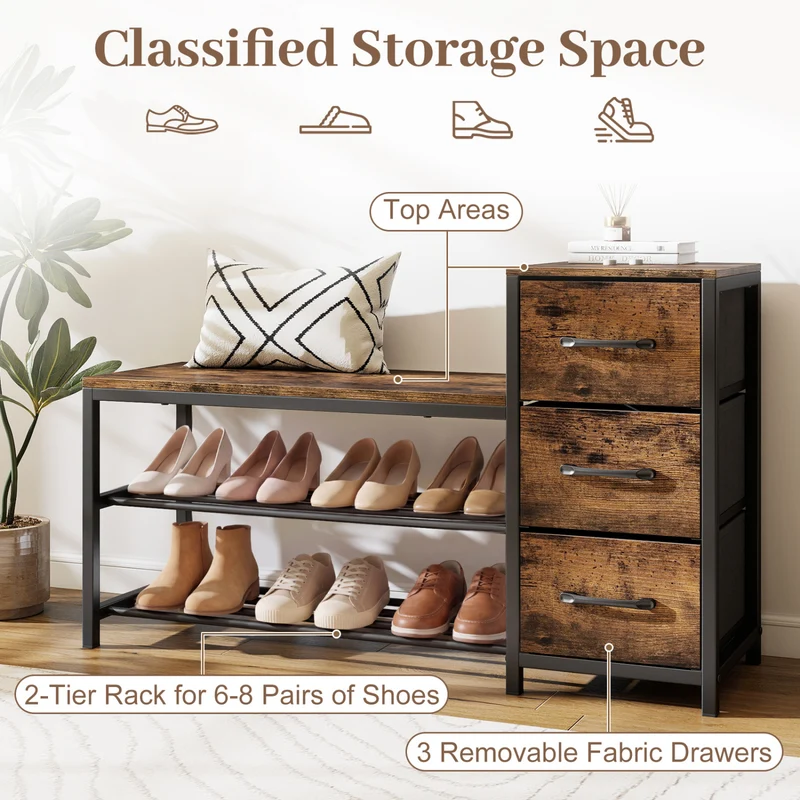3-Tier Industrial Shoe Bench with 3 Removable Fabric Drawers and Anti-toppling Kits, Rustic Brown