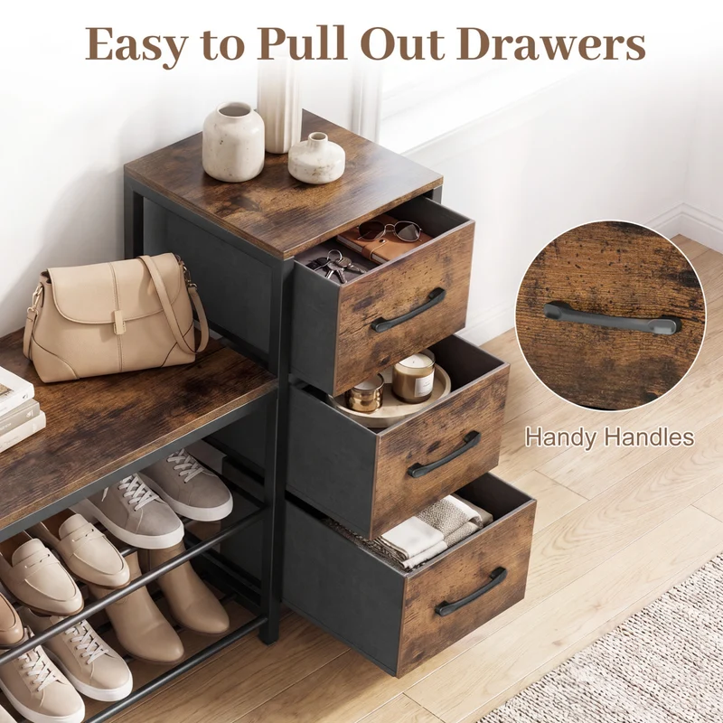 3-Tier Industrial Shoe Bench with 3 Removable Fabric Drawers and Anti-toppling Kits, Rustic Brown