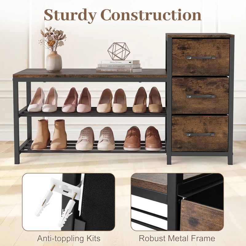 3-Tier Industrial Shoe Bench with 3 Removable Fabric Drawers and Anti-toppling Kits, Rustic Brown