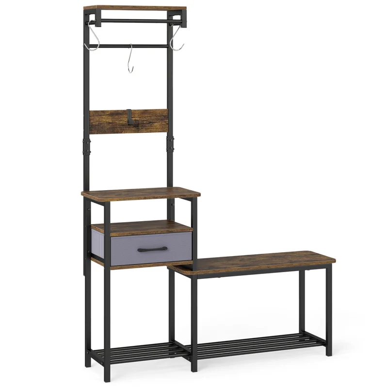 7-in-1 Hall Tree with Shoe Bench and Hooks and Removable Drawer for Entryway, Rustic Brown