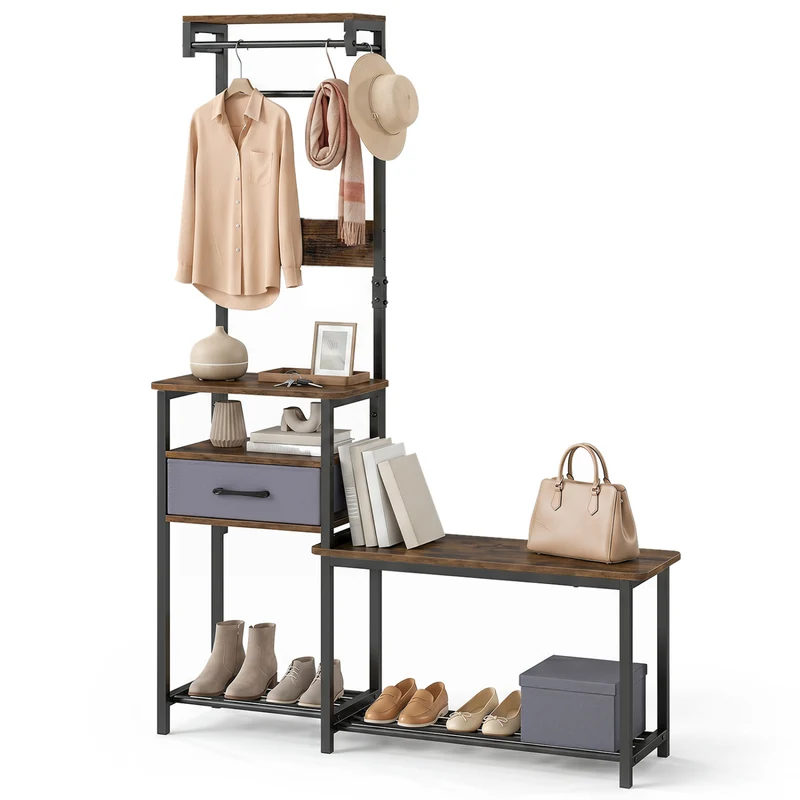 7-in-1 Hall Tree with Shoe Bench and Hooks and Removable Drawer for Entryway, Rustic Brown