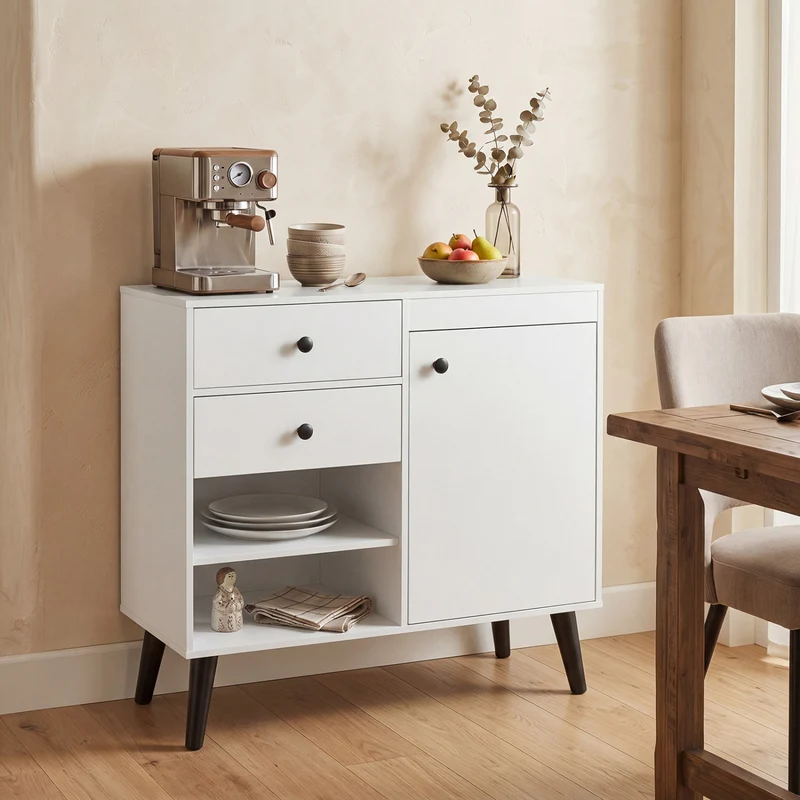 31" Sideboard Cabinet with 2 Open Compartments and 2 Drawers, White
