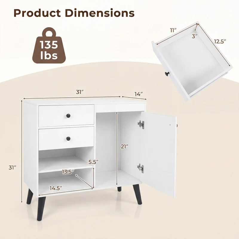 31" Sideboard Cabinet with 2 Open Compartments and 2 Drawers, White