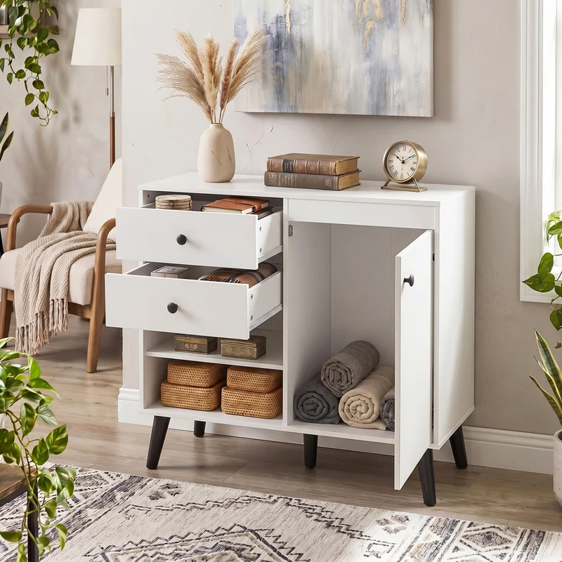 31" Sideboard Cabinet with 2 Open Compartments and 2 Drawers, White