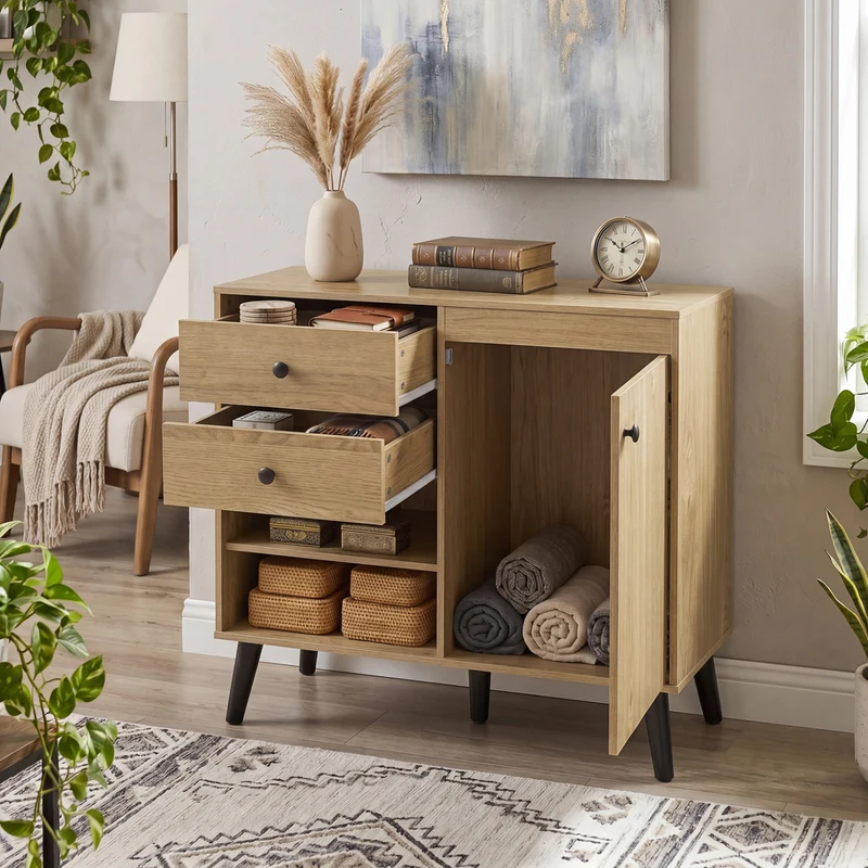 31" Sideboard Cabinet with 2 Open Compartments and 2 Drawers-Natrual, Natural