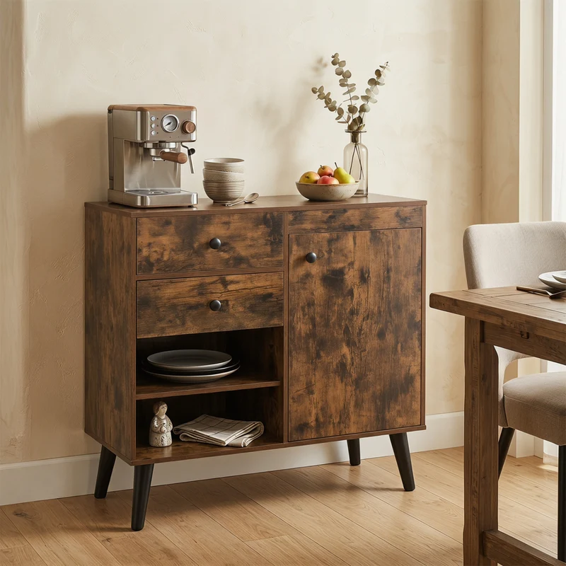 31" Sideboard Cabinet with 2 Open Compartments and 2 Drawers, Rustic Brown