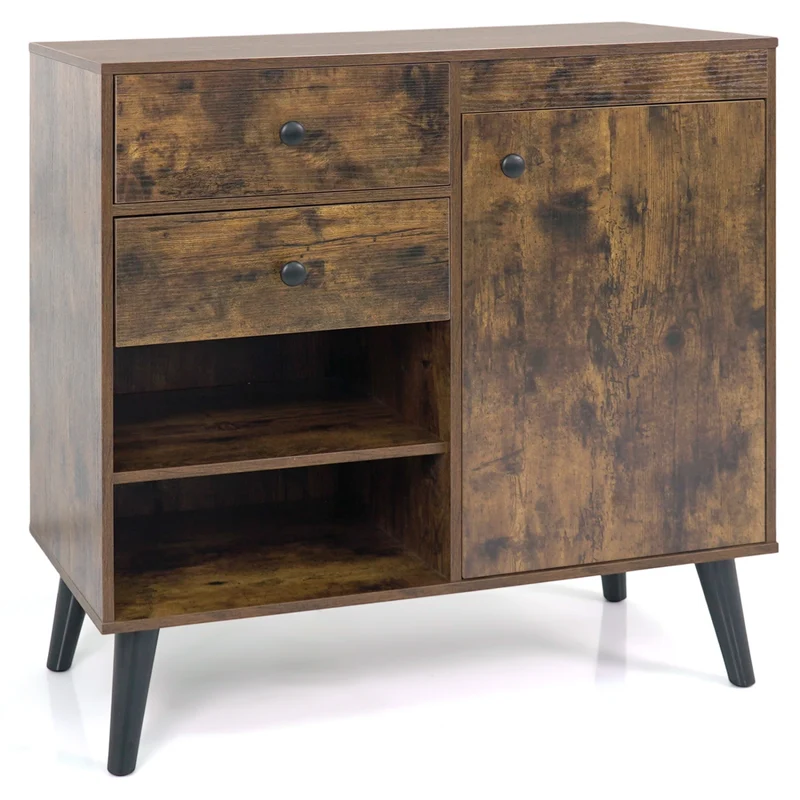 31" Sideboard Cabinet with 2 Open Compartments and 2 Drawers, Rustic Brown