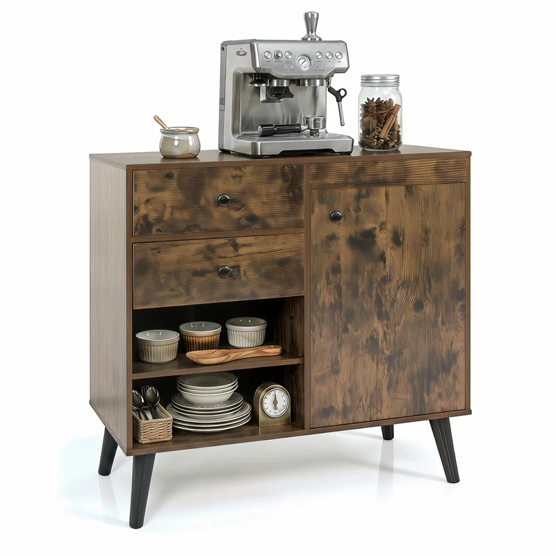 31" Sideboard Cabinet with 2 Open Compartments and 2 Drawers, Rustic Brown