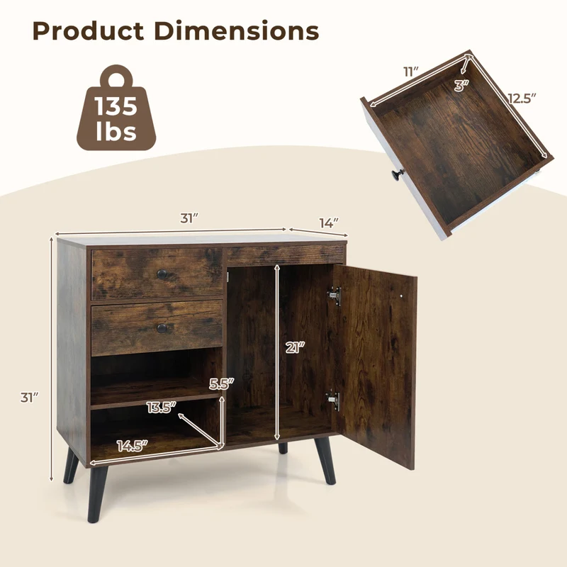 31" Sideboard Cabinet with 2 Open Compartments and 2 Drawers, Rustic Brown