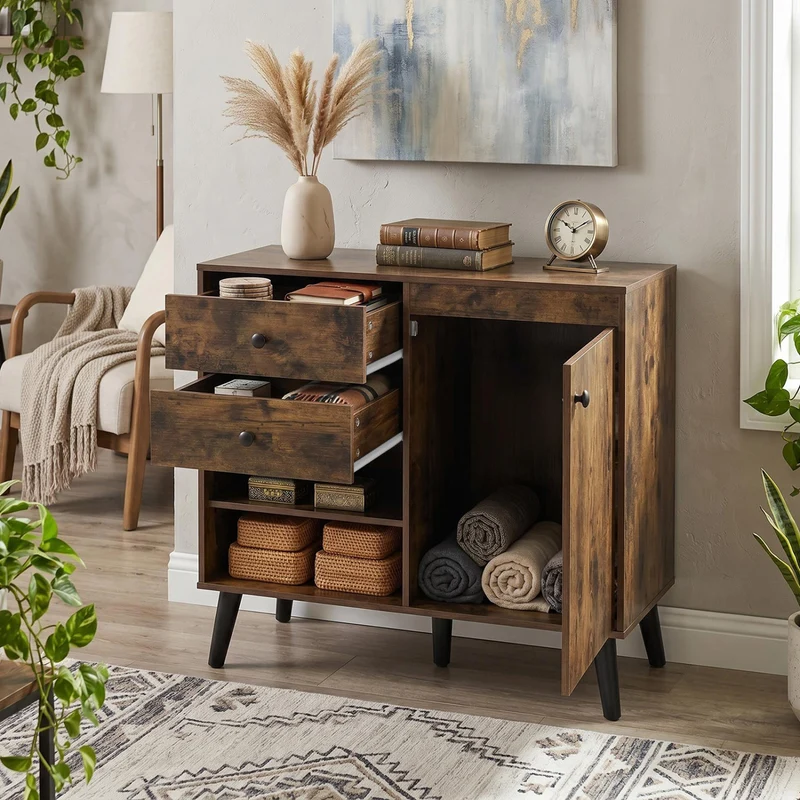 31" Sideboard Cabinet with 2 Open Compartments and 2 Drawers, Rustic Brown