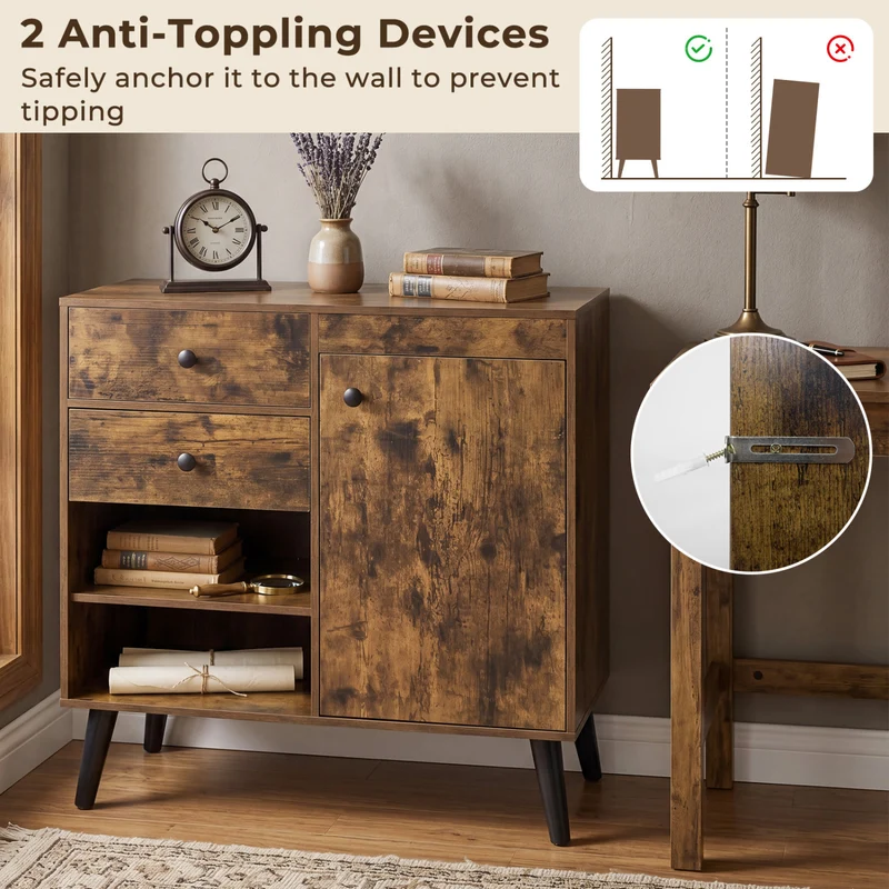 31" Sideboard Cabinet with 2 Open Compartments and 2 Drawers, Rustic Brown
