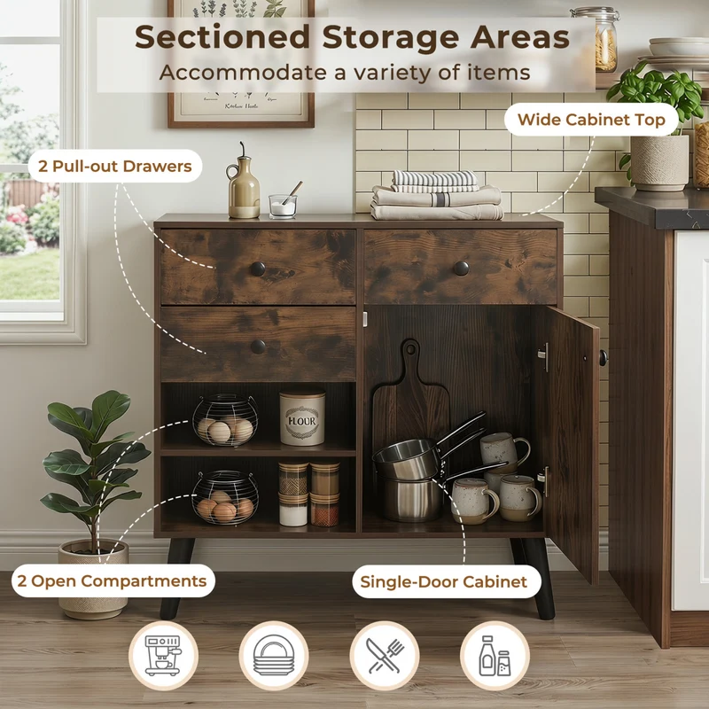 31" Sideboard Cabinet with 2 Open Compartments and 2 Drawers, Rustic Brown
