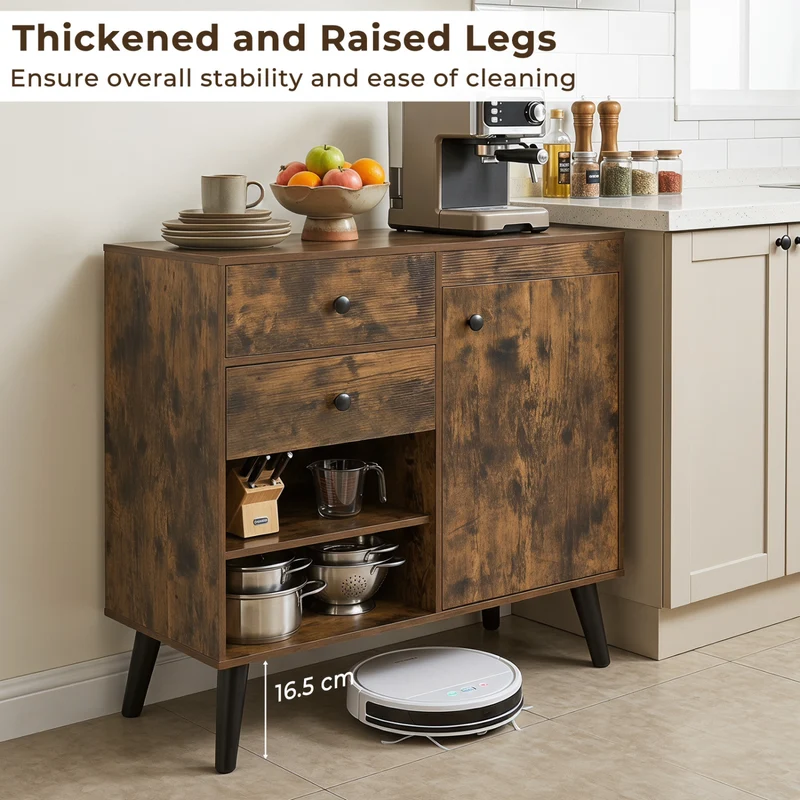 31" Sideboard Cabinet with 2 Open Compartments and 2 Drawers, Rustic Brown
