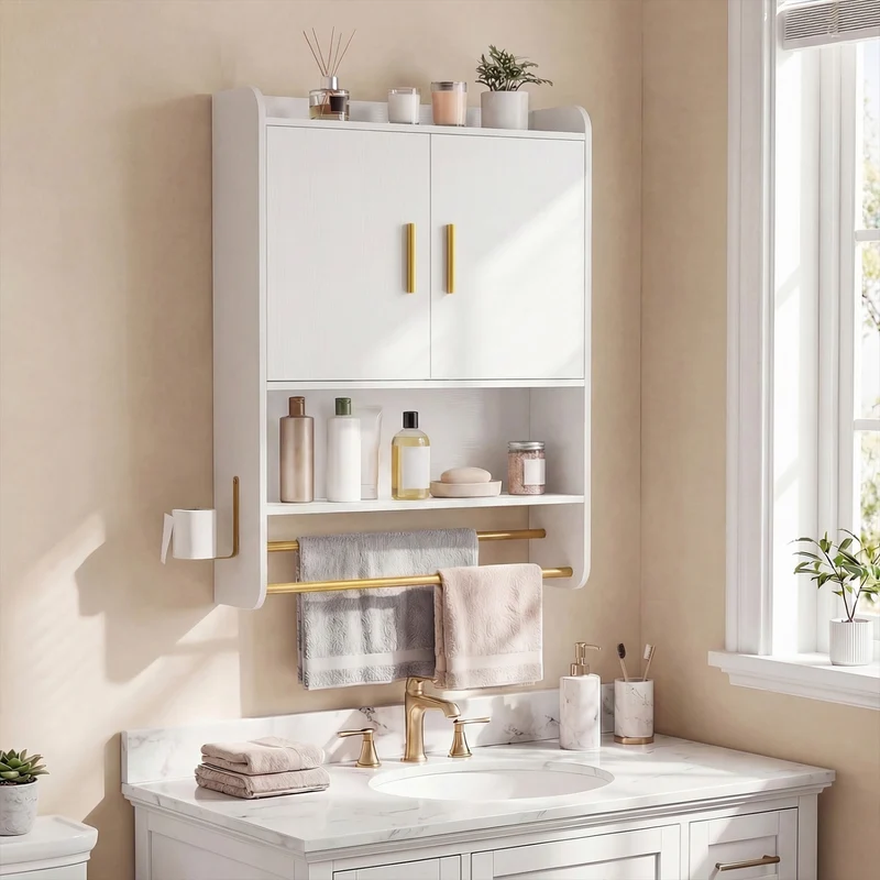 Bathroom Wall Cabinet Wall Mounted Medicine Cabinet with Towel Bars, White