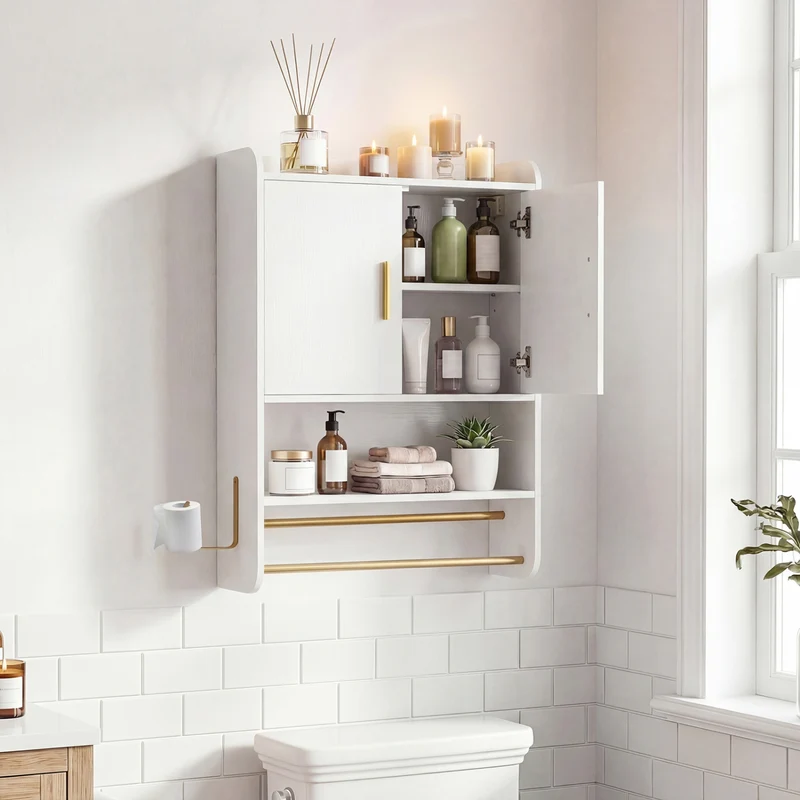 Bathroom Wall Cabinet Wall Mounted Medicine Cabinet with Towel Bars, White