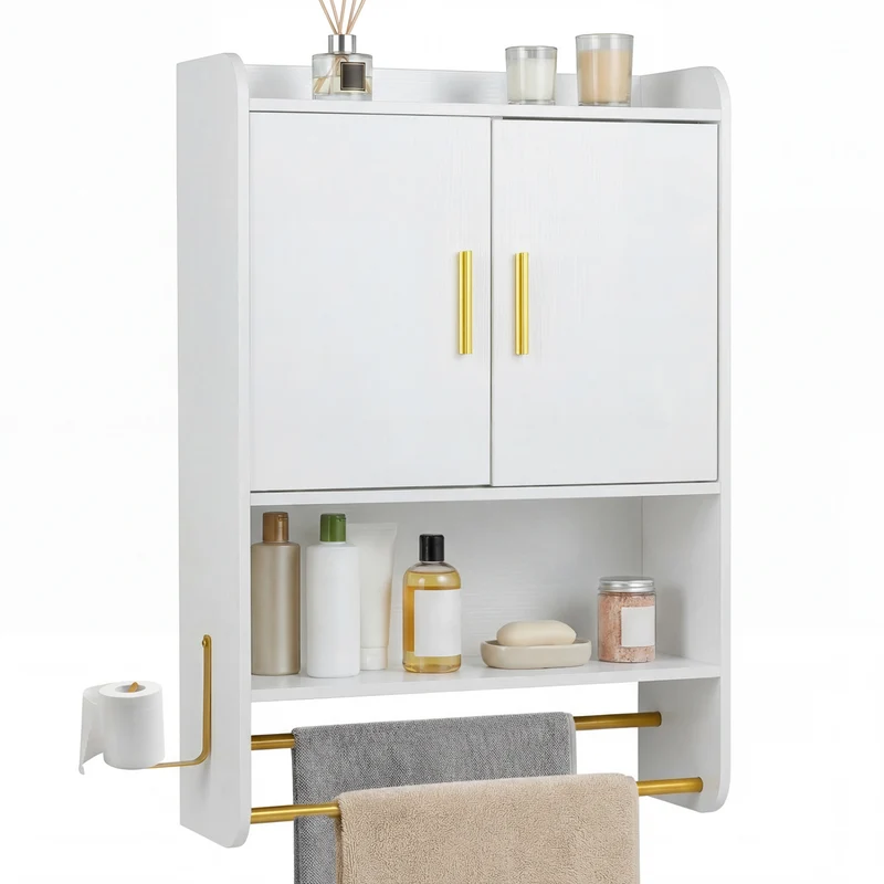 Bathroom Wall Cabinet Wall Mounted Medicine Cabinet with Towel Bars, White
