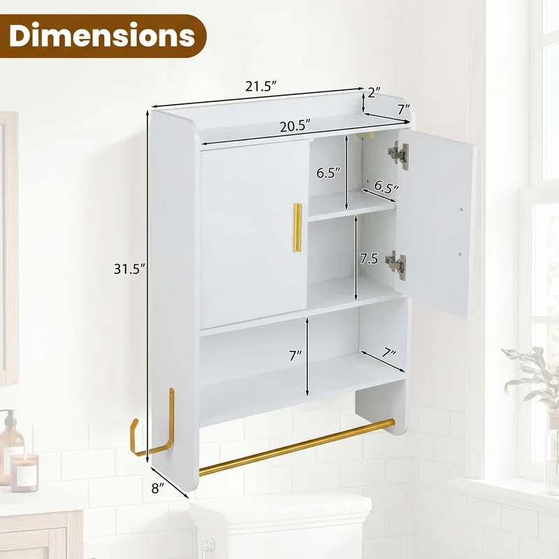 Bathroom Wall Cabinet Wall Mounted Medicine Cabinet with Towel Bars, White