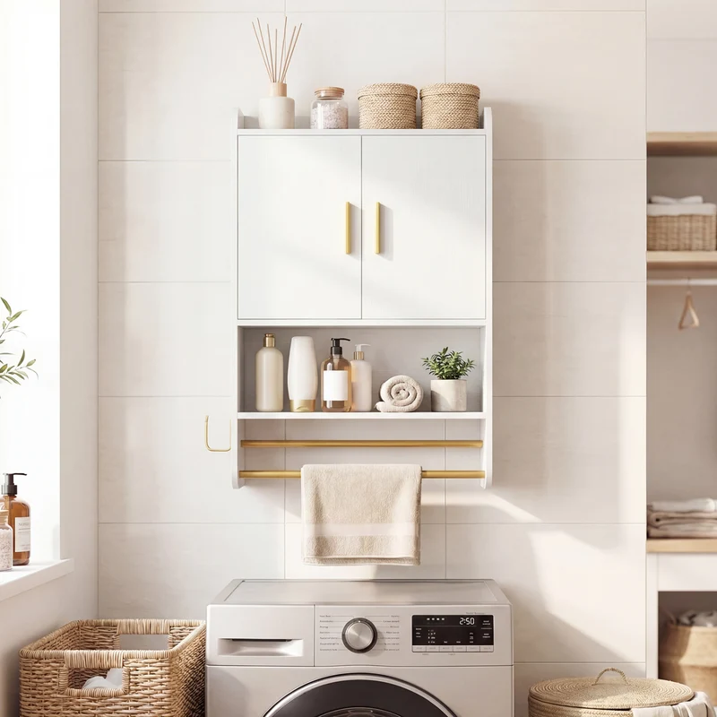 Bathroom Wall Cabinet Wall Mounted Medicine Cabinet with Towel Bars, White