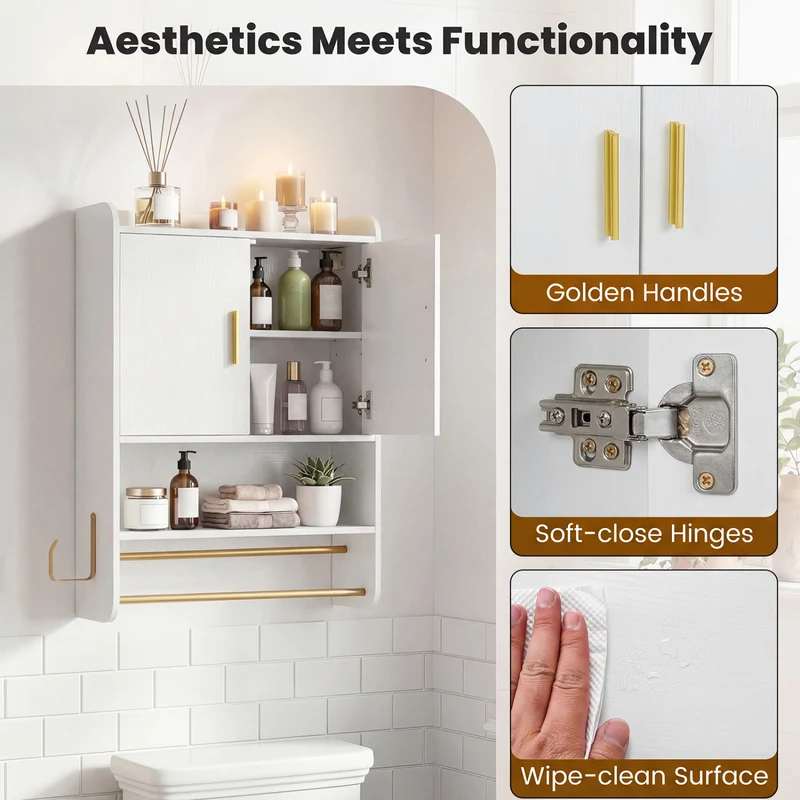 Bathroom Wall Cabinet Wall Mounted Medicine Cabinet with Towel Bars, White