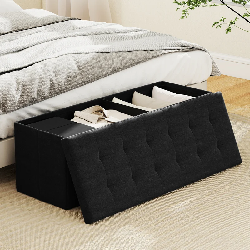 43 Inches Folding Storage Ottoman Bench with Padded Seat, Black
