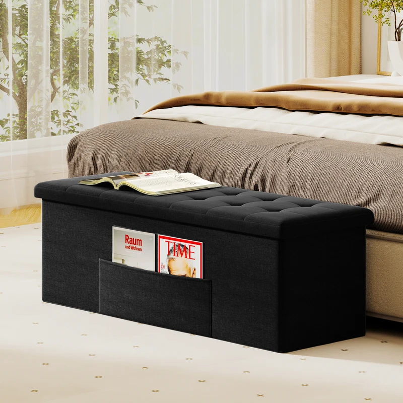 43 Inches Folding Storage Ottoman Bench with Padded Seat, Black