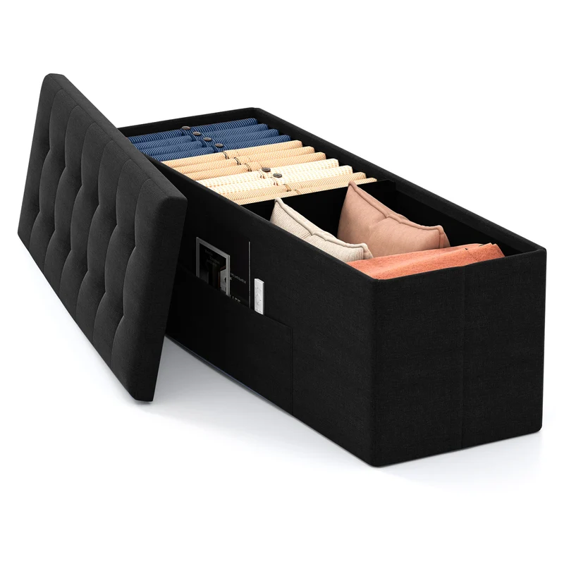 43 Inches Folding Storage Ottoman Bench with Padded Seat, Black